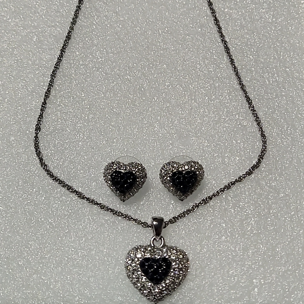 Sterling Silver Diamond Heart Earrings and Necklace Set